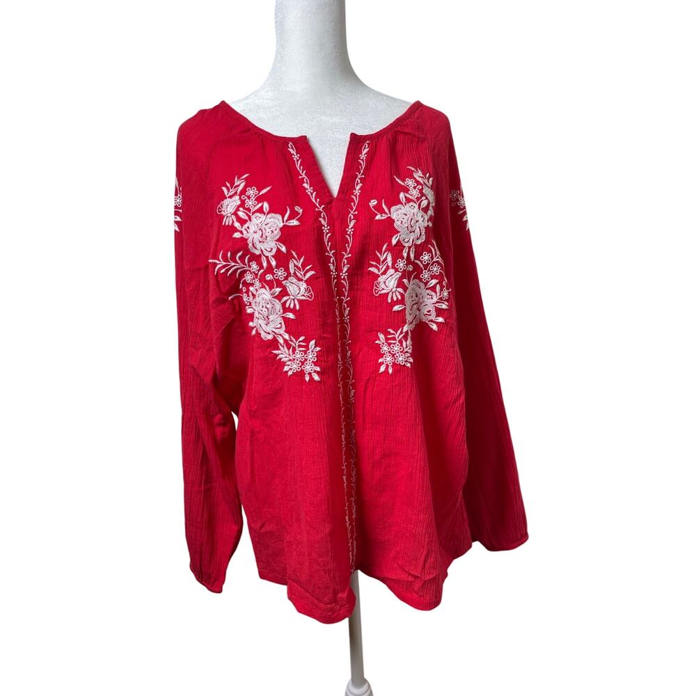 Talbots Women PETITE Sz XL Red White Embroidary Longsleeve Peasant Blouse